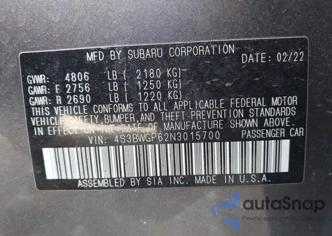 2022 Subaru Legacy Touring Xt z USA, uszkodzony, nr VIN 4S3BWGP62N3015700